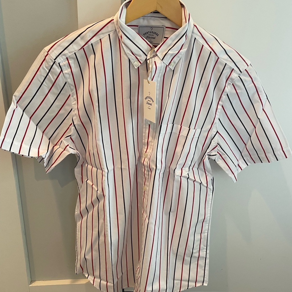 White and Red Casual Button Down Shirt with Stripes